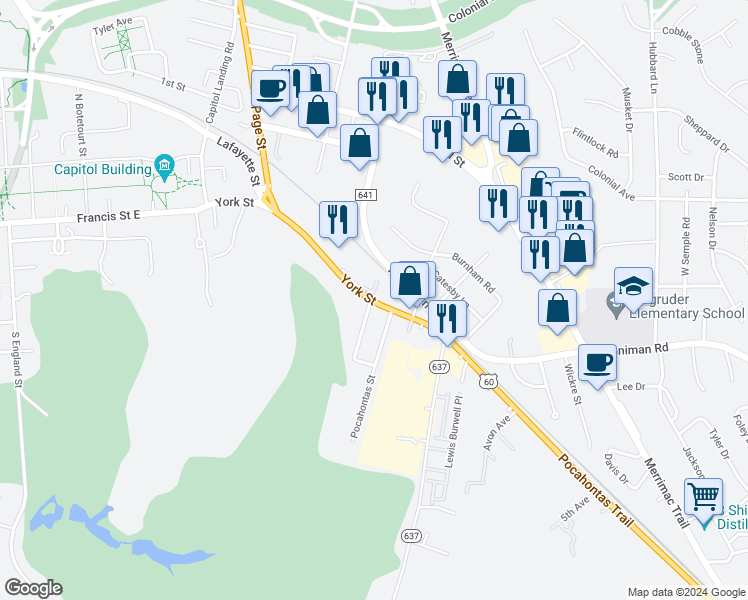 map of restaurants, bars, coffee shops, grocery stores, and more near 203 Powhatan Street in Williamsburg