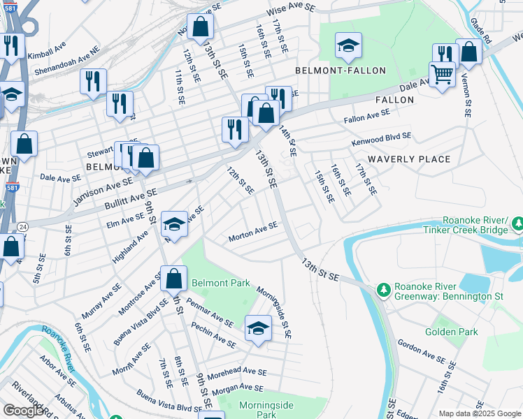 map of restaurants, bars, coffee shops, grocery stores, and more near 1124 12th Street Southeast in Roanoke