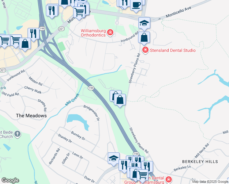 map of restaurants, bars, coffee shops, grocery stores, and more near 3804 Staffordshire Lane in Williamsburg