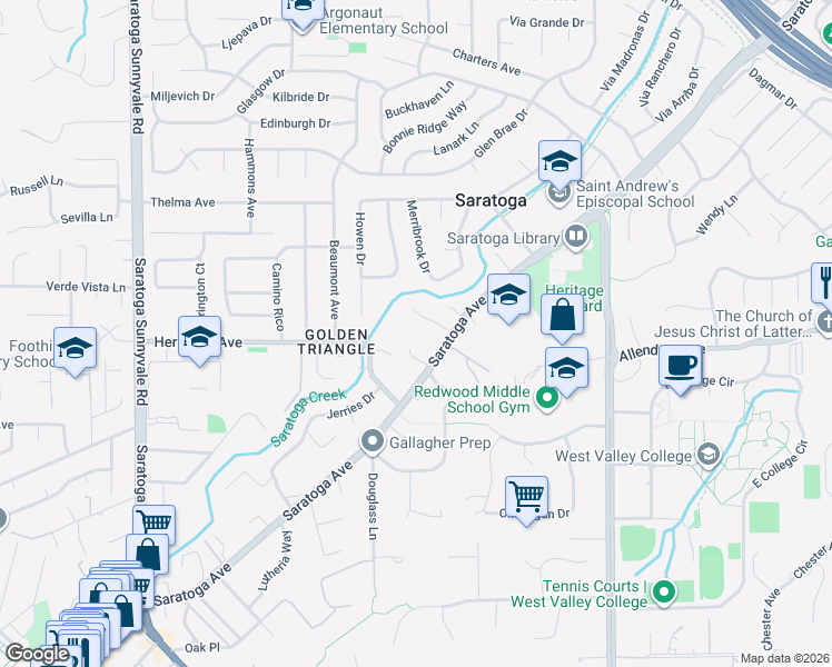 map of restaurants, bars, coffee shops, grocery stores, and more near 13845 Saratoga Avenue in Saratoga