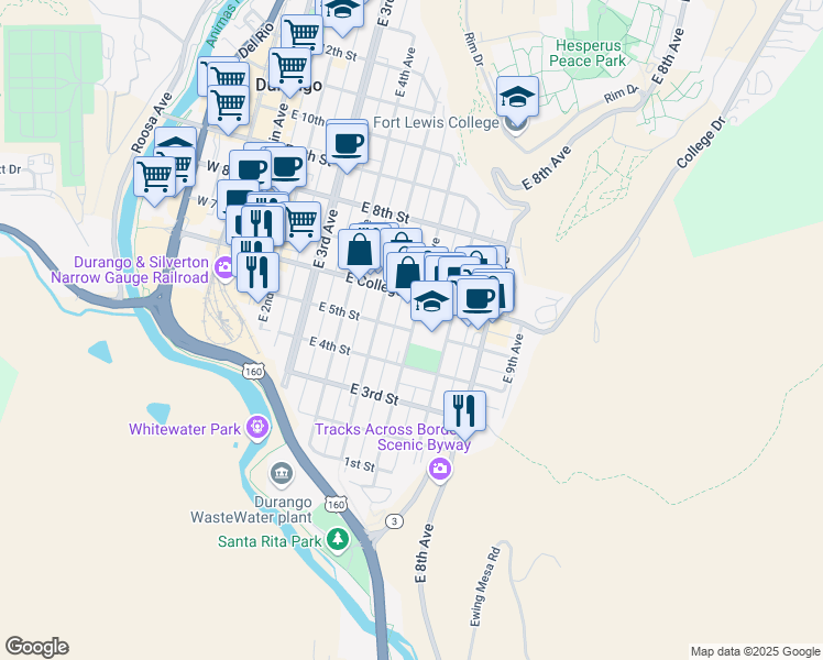 map of restaurants, bars, coffee shops, grocery stores, and more near 623 East 5th Street in Durango