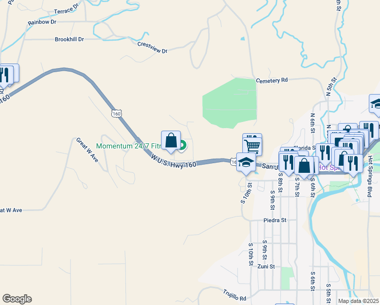 map of restaurants, bars, coffee shops, grocery stores, and more near 132 North 14th Street in Pagosa Springs