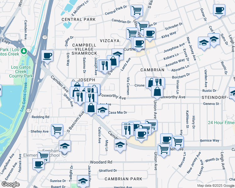 map of restaurants, bars, coffee shops, grocery stores, and more near Second Avenue in San Jose