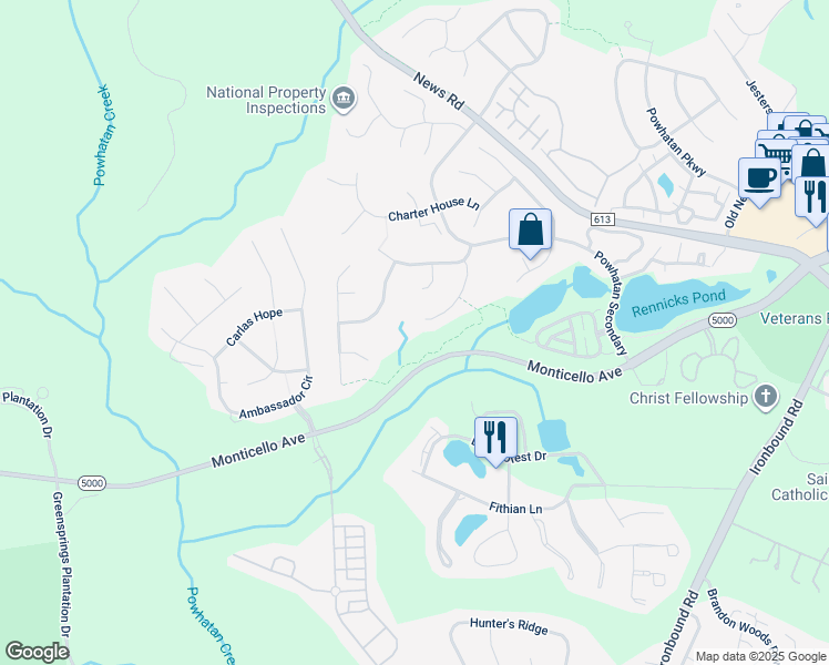 map of restaurants, bars, coffee shops, grocery stores, and more near 159 Hartwell Perry Way in Williamsburg