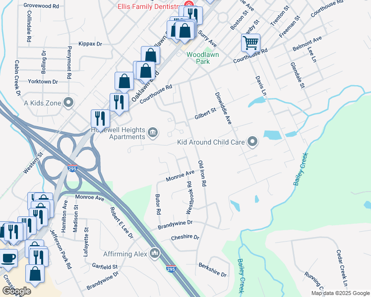 map of restaurants, bars, coffee shops, grocery stores, and more near 1613 Westbrook Road in Hopewell