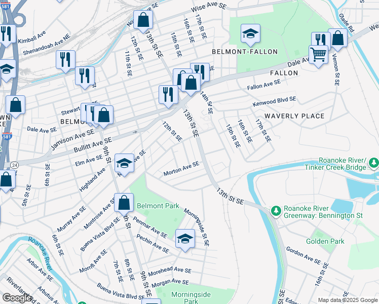 map of restaurants, bars, coffee shops, grocery stores, and more near 1124 12th Street Southeast in Roanoke