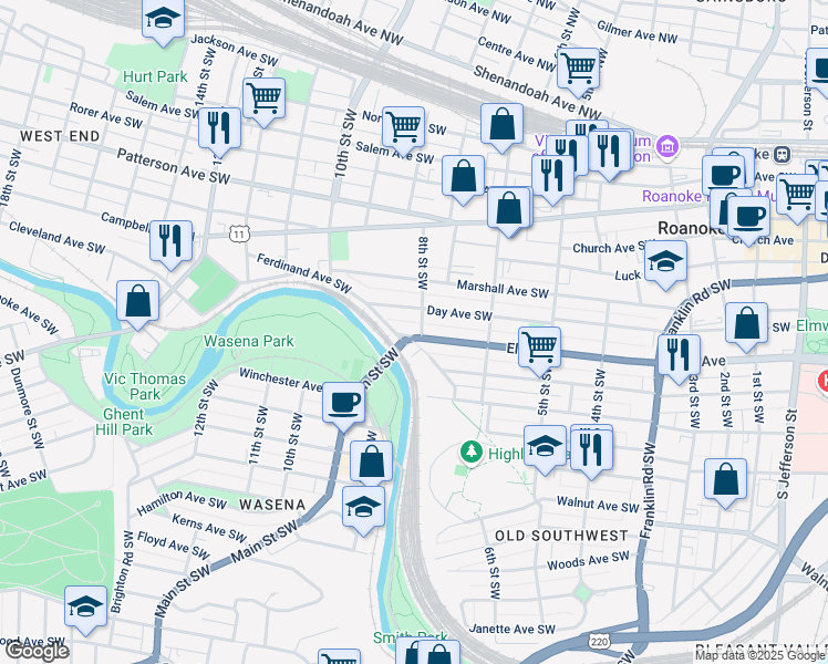 map of restaurants, bars, coffee shops, grocery stores, and more near 805 U.S. 221 in Roanoke