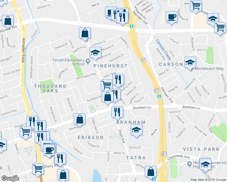 map of restaurants, bars, coffee shops, grocery stores, and more near 4327 Wessex Drive in San Jose