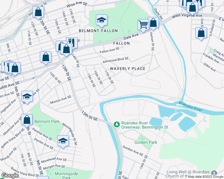map of restaurants, bars, coffee shops, grocery stores, and more near 1314-1398 17th Street Southeast in Roanoke