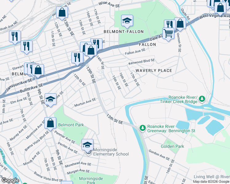 map of restaurants, bars, coffee shops, grocery stores, and more near 1217 15th Street Southeast in Roanoke