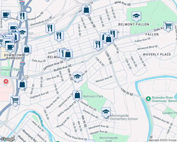 map of restaurants, bars, coffee shops, grocery stores, and more near in Roanoke