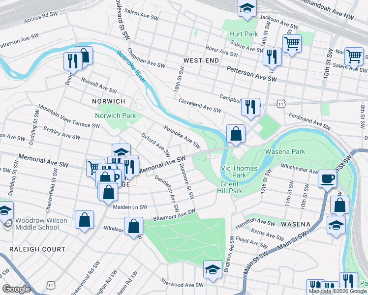 map of restaurants, bars, coffee shops, grocery stores, and more near 1515 Memorial Avenue Southwest in Roanoke