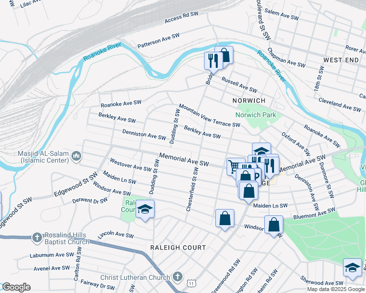 map of restaurants, bars, coffee shops, grocery stores, and more near 2236 Denniston Avenue Southwest in Roanoke