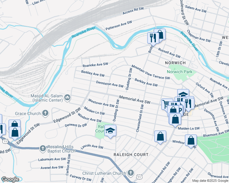 map of restaurants, bars, coffee shops, grocery stores, and more near 2333 Memorial Avenue Southwest in Roanoke