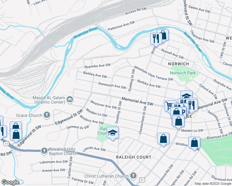 map of restaurants, bars, coffee shops, grocery stores, and more near 2333 Memorial Avenue Southwest in Roanoke