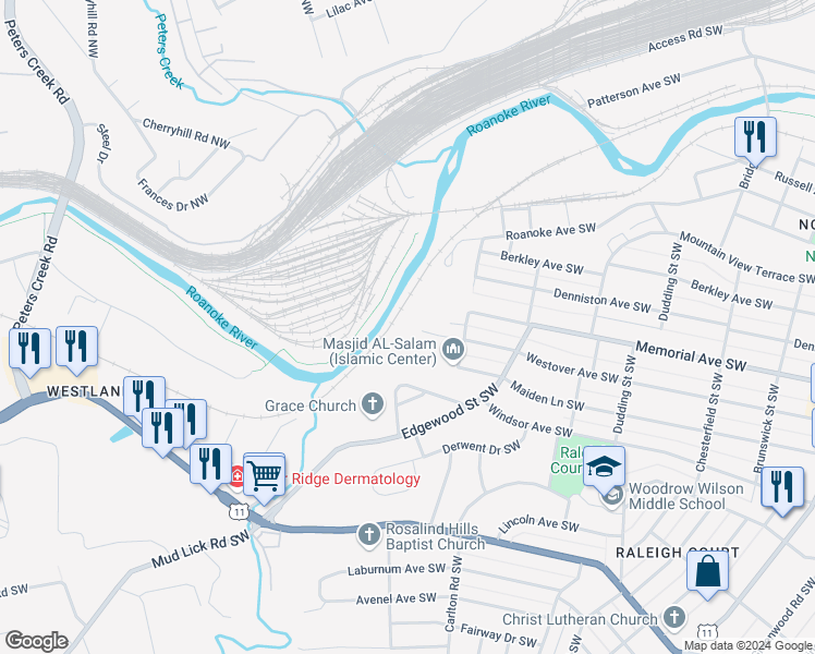 map of restaurants, bars, coffee shops, grocery stores, and more near 2640 Westover Avenue Southwest in Roanoke