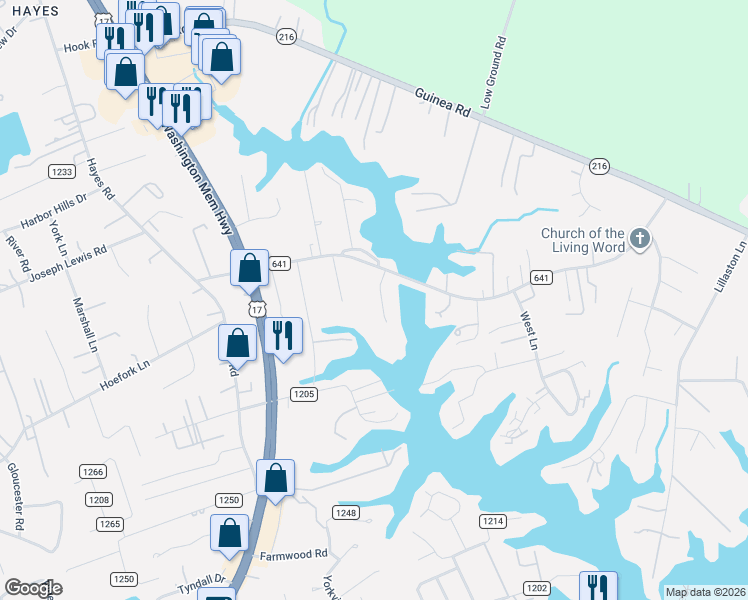 map of restaurants, bars, coffee shops, grocery stores, and more near 2026 Tillage Lane in Gloucester Point
