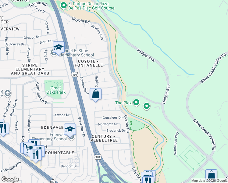 map of restaurants, bars, coffee shops, grocery stores, and more near 515 Fontanelle Court in San Jose
