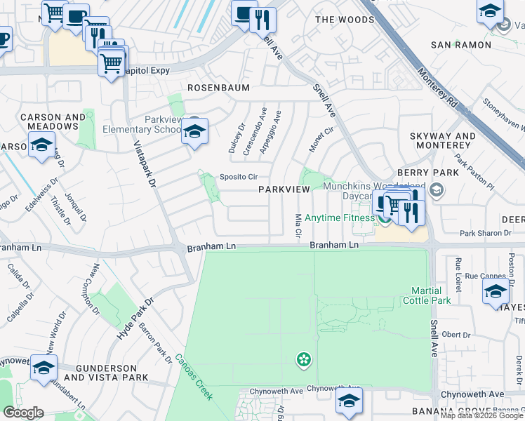 map of restaurants, bars, coffee shops, grocery stores, and more near 313 Lassenpark Circle in San Jose
