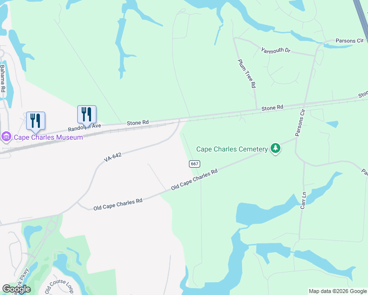 map of restaurants, bars, coffee shops, grocery stores, and more near 22514 Benders Lane in Cape Charles