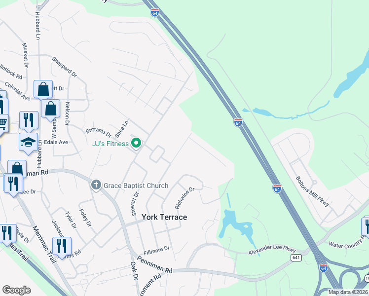 map of restaurants, bars, coffee shops, grocery stores, and more near 106 Panther Paw Path in Williamsburg