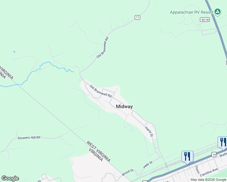 map of restaurants, bars, coffee shops, grocery stores, and more near 105-199 School St in Bluefield