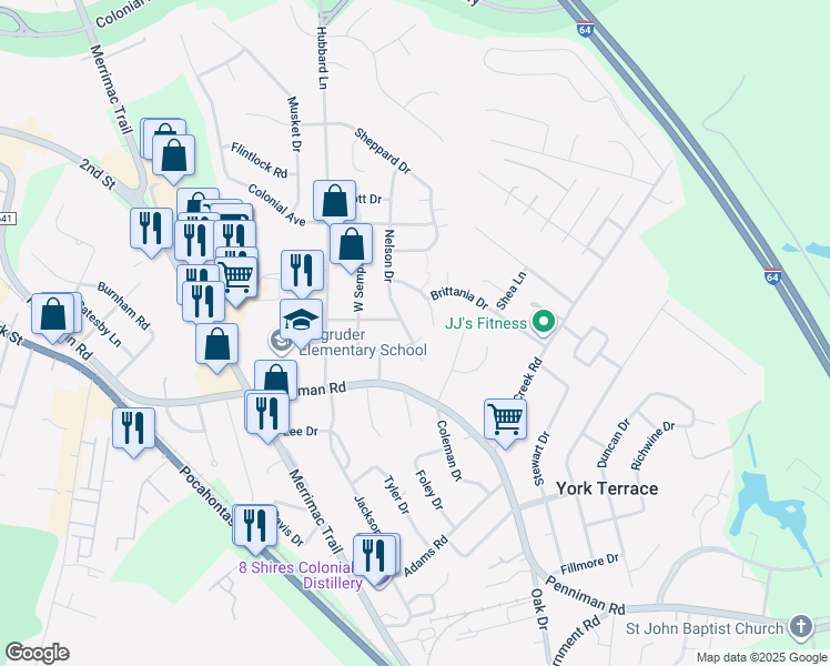 map of restaurants, bars, coffee shops, grocery stores, and more near 120 Semple Road in Williamsburg