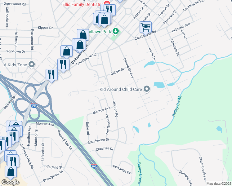 map of restaurants, bars, coffee shops, grocery stores, and more near 1602 Huntington Court in Hopewell