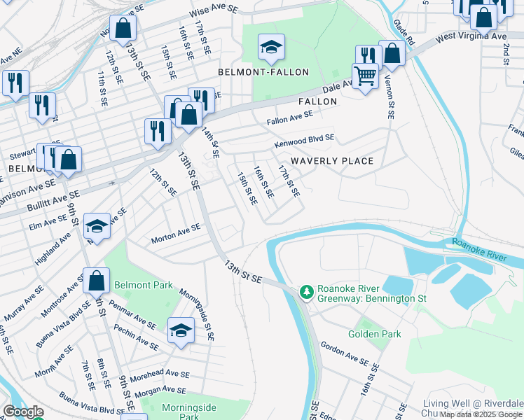 map of restaurants, bars, coffee shops, grocery stores, and more near 1214 15th Street Southeast in Roanoke