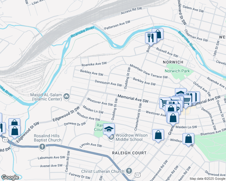 map of restaurants, bars, coffee shops, grocery stores, and more near 2333 Memorial Avenue Southwest in Roanoke