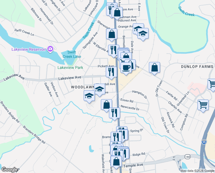 map of restaurants, bars, coffee shops, grocery stores, and more near 206 Taswell Avenue in Colonial Heights