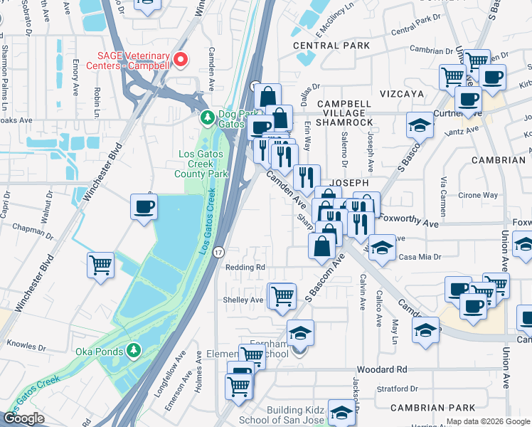 map of restaurants, bars, coffee shops, grocery stores, and more near 1321 Hoffman Lane in Campbell