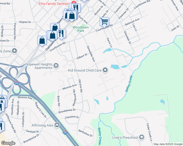 map of restaurants, bars, coffee shops, grocery stores, and more near 3608 Roselawn Terrace in Hopewell