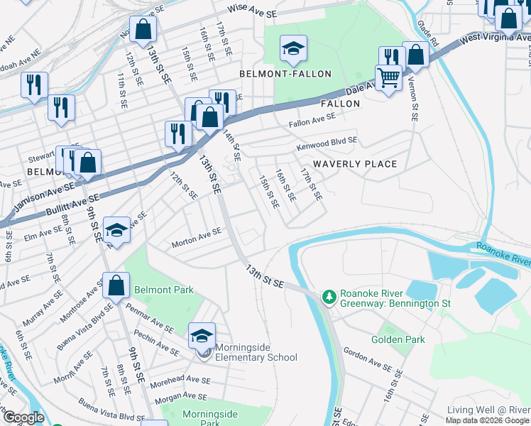 map of restaurants, bars, coffee shops, grocery stores, and more near 1217 15th Street Southeast in Roanoke