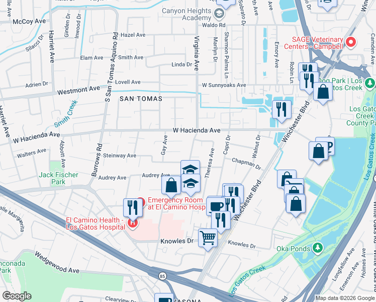 map of restaurants, bars, coffee shops, grocery stores, and more near 1297 Virginia Avenue in Campbell