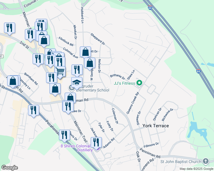 map of restaurants, bars, coffee shops, grocery stores, and more near 120 Semple Road in Williamsburg