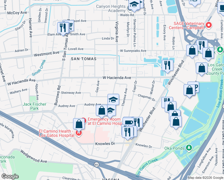 map of restaurants, bars, coffee shops, grocery stores, and more near 1297 Virginia Avenue in Campbell