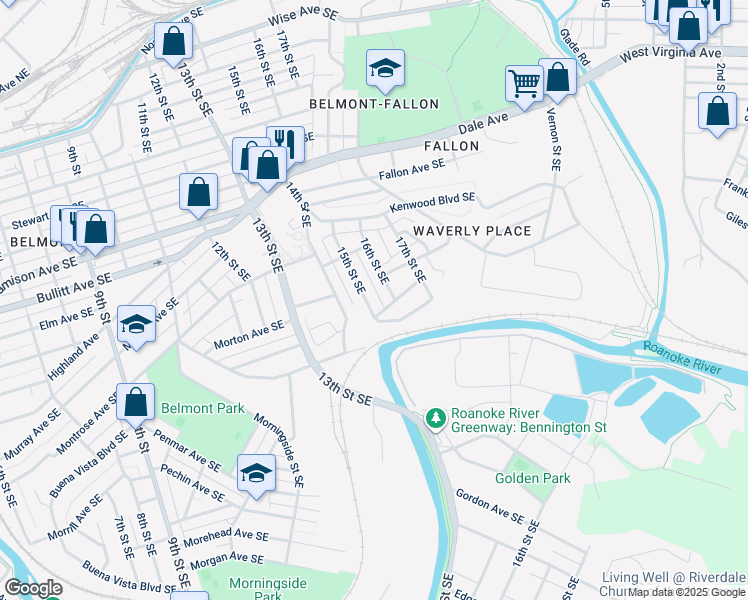 map of restaurants, bars, coffee shops, grocery stores, and more near 1214 15th Street Southeast in Roanoke