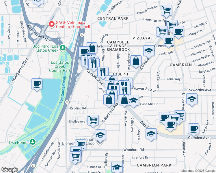 map of restaurants, bars, coffee shops, grocery stores, and more near 1500 Camden Avenue in Campbell