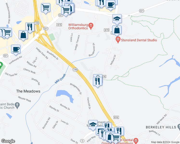 map of restaurants, bars, coffee shops, grocery stores, and more near 3801 Staffordshire Lane in Williamsburg
