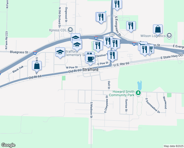 map of restaurants, bars, coffee shops, grocery stores, and more near 101 East Olive Street in Strafford