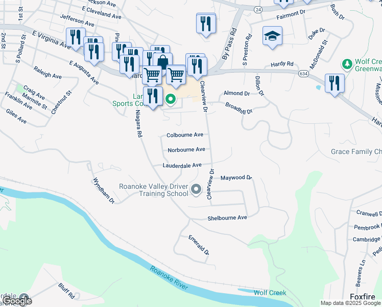 map of restaurants, bars, coffee shops, grocery stores, and more near 955 Norbourne Avenue in Vinton