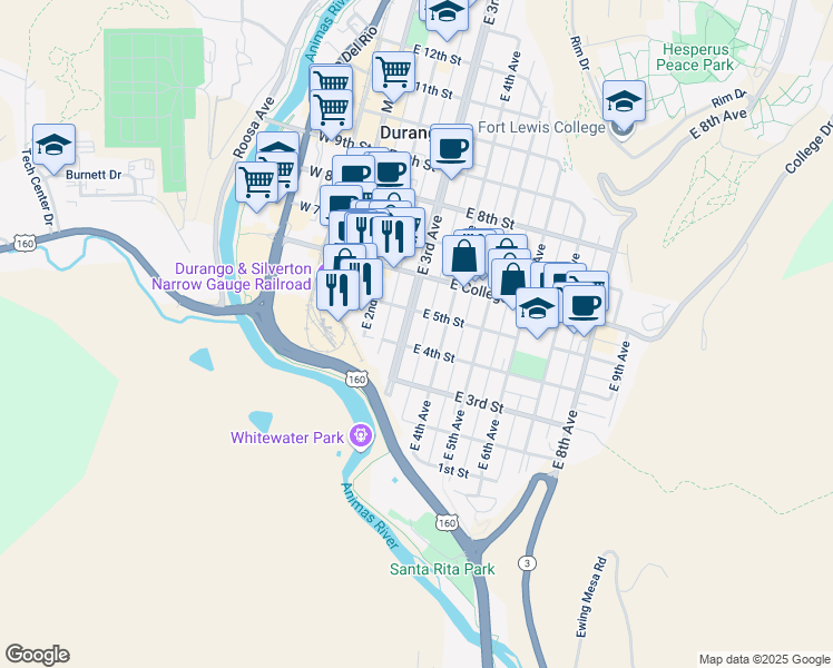 map of restaurants, bars, coffee shops, grocery stores, and more near 429 East 4th Avenue in Durango