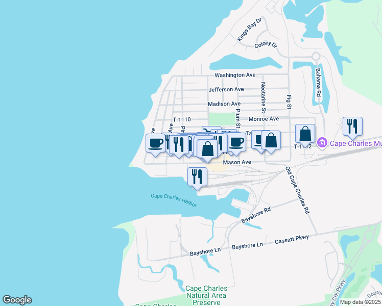 map of restaurants, bars, coffee shops, grocery stores, and more near 214 Randolph Avenue in Cape Charles