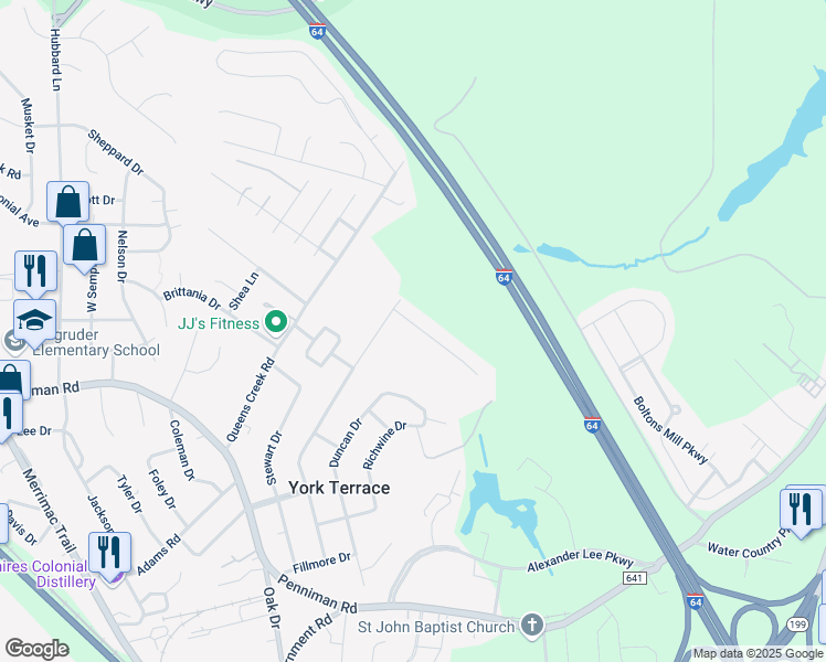 map of restaurants, bars, coffee shops, grocery stores, and more near 106 Panther Paw Path in Williamsburg