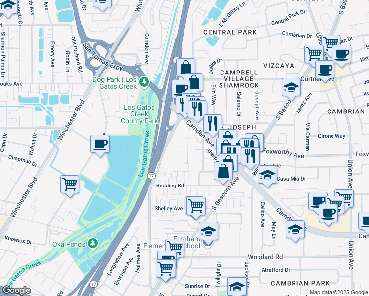 map of restaurants, bars, coffee shops, grocery stores, and more near 1321 Hoffman Lane in Campbell