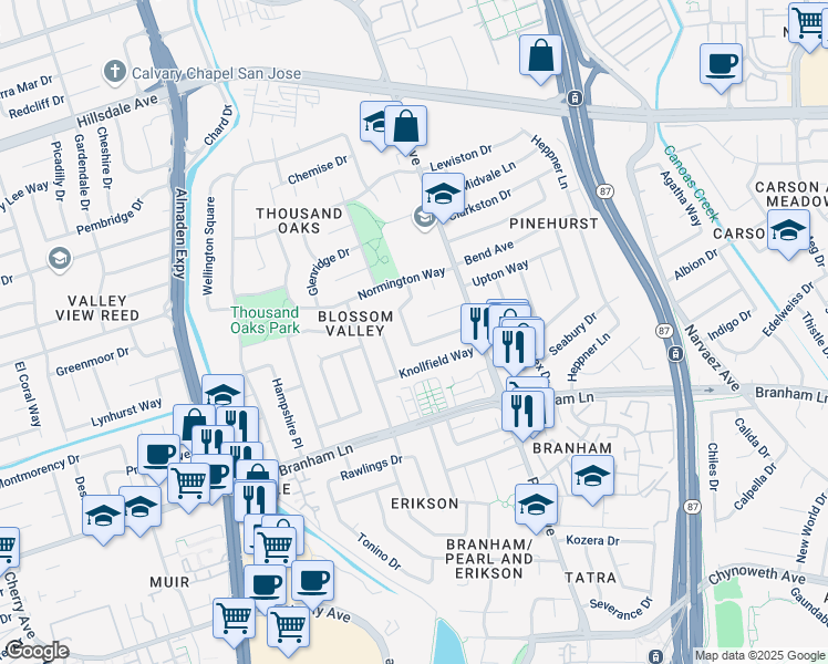 map of restaurants, bars, coffee shops, grocery stores, and more near 4182 Mountcastle Way in San Jose