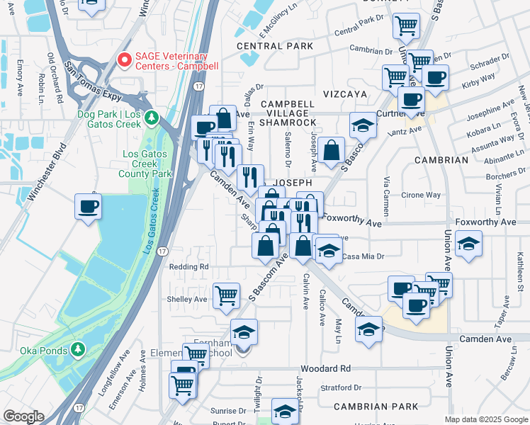 map of restaurants, bars, coffee shops, grocery stores, and more near 1500 Camden Avenue in Campbell