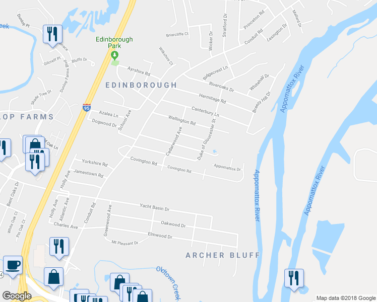 map of restaurants, bars, coffee shops, grocery stores, and more near 1209 Pleasant Dale Avenue in Colonial Heights