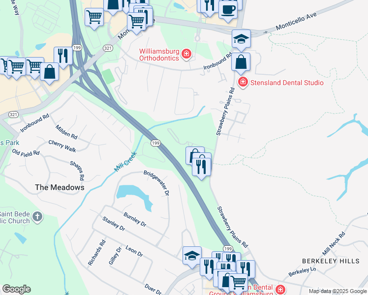 map of restaurants, bars, coffee shops, grocery stores, and more near 3807 Staffordshire Lane in Williamsburg